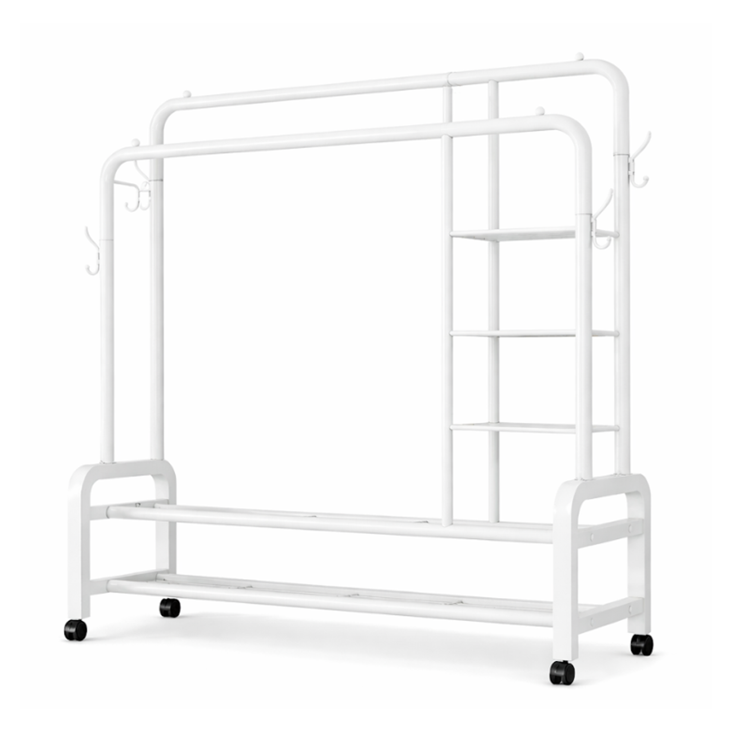 Elegant Double Pole Metal Clothes Hanging Rack with Swivel Wheels & Multi-Layer Shelving - 58kg Weight Capacity, Non-Slip Side Hooks for Home & Boutique Storage