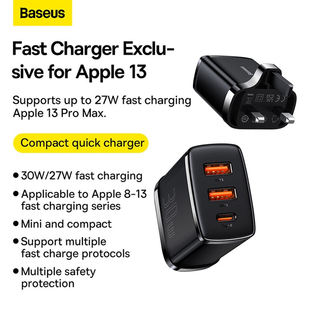 Baseus 2-Port Usb-A 1 - Port Usb-C 30w Travel Adapter - Black(e) - ASIS