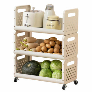 رف تخزين متعدد الاستخدامات بعجلات، ثلاث طبقات، للأطعمة، الخضروات، الوجبات الخفيفة، أدوات التجميل، ولوازم الحمام – أبيض