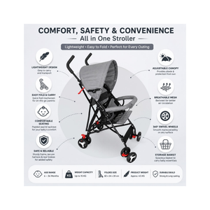 Foldable Baby Stroller With Mesh Shock Absorbers - Grey