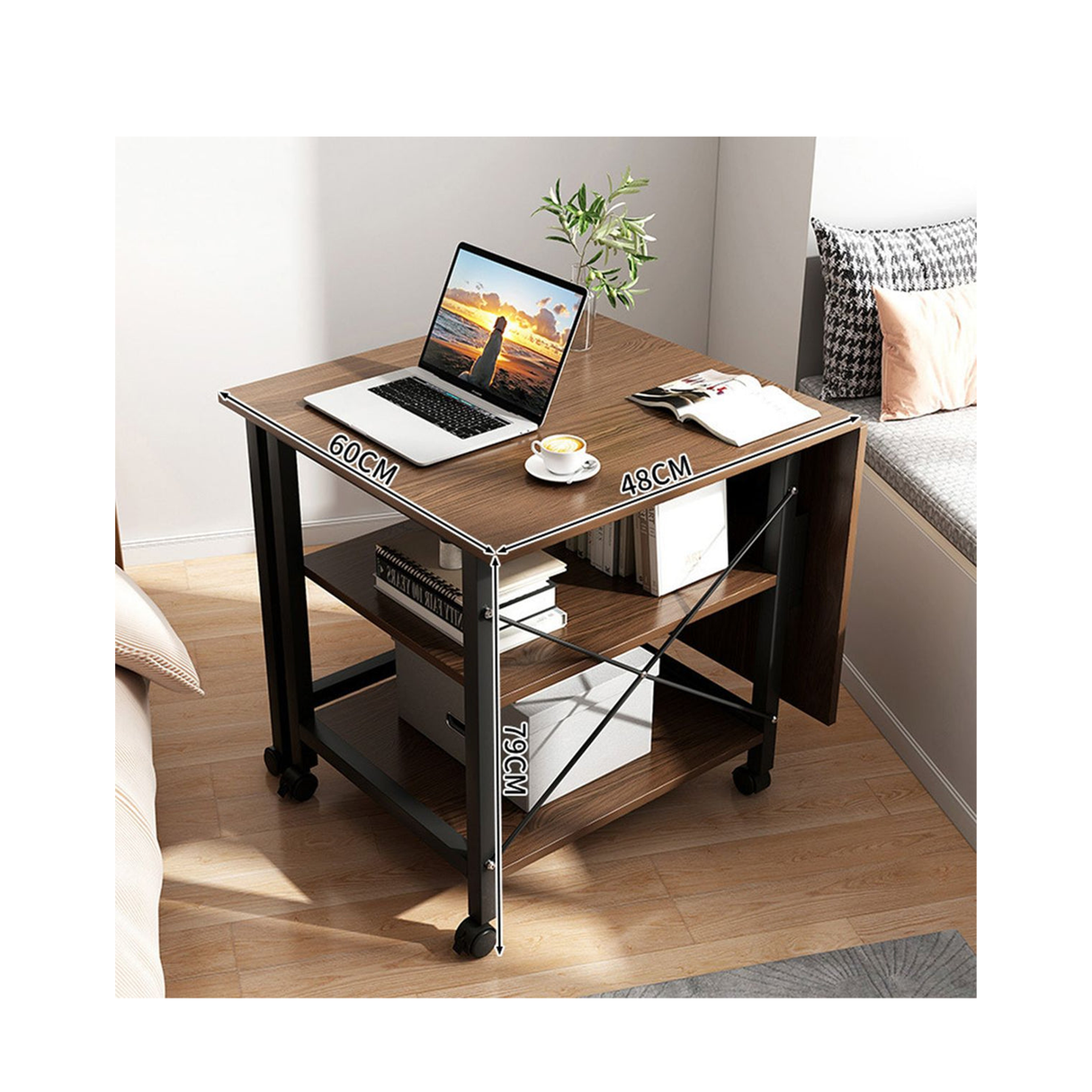 Folding Dining Table With Moveable Wheels and Storage Layer for Kitchen