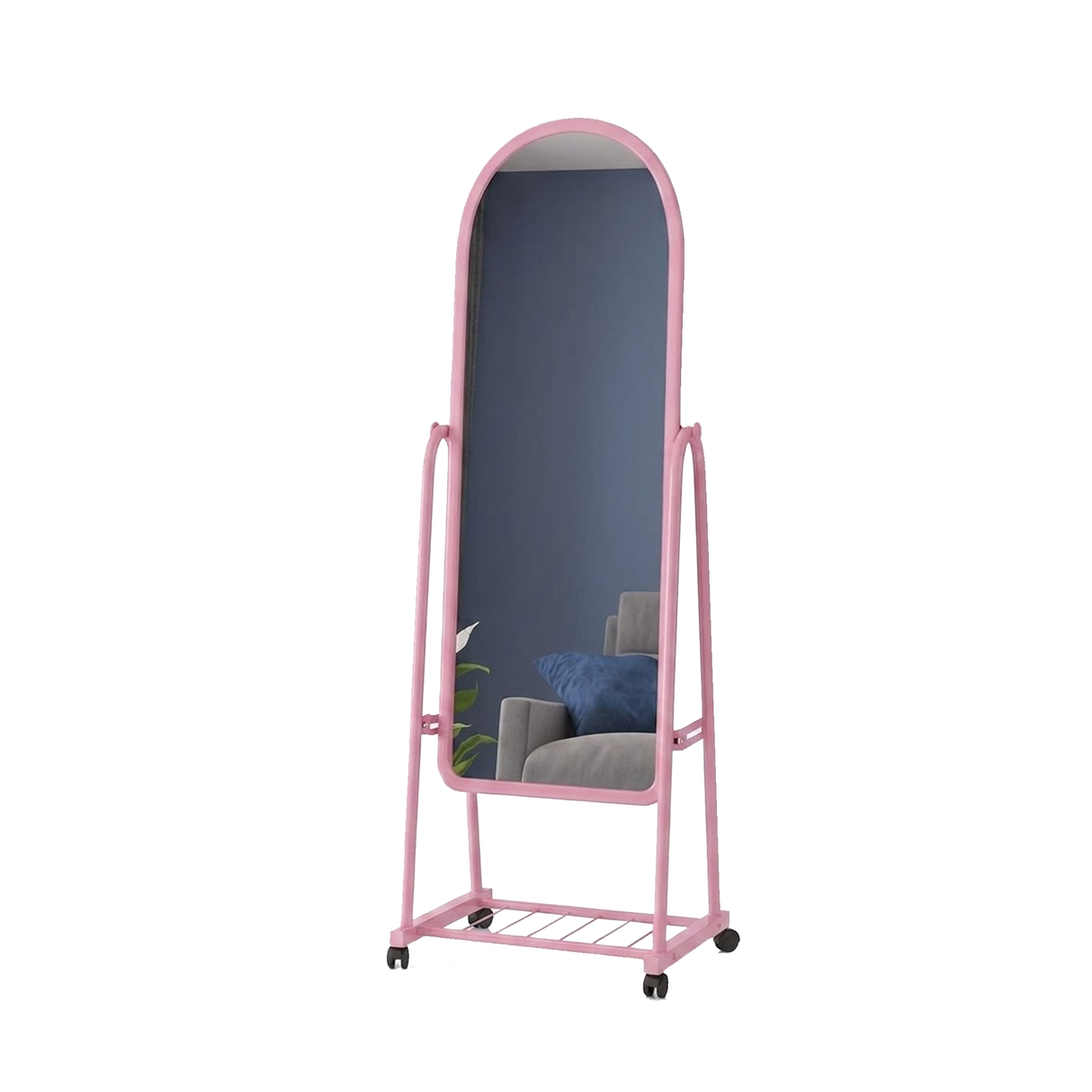 Full Length Free Standing Mirror with Wheels and Storage Shelf - Pink