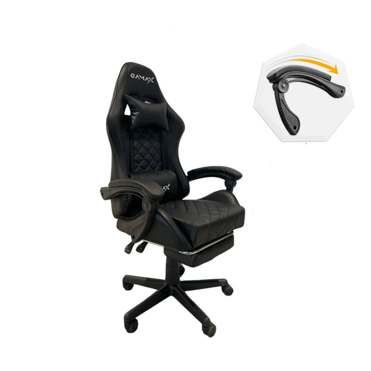 Gamax 1-LT001L Gaming Chair With Linkage Function Armrest & Retactable Footrest - Black