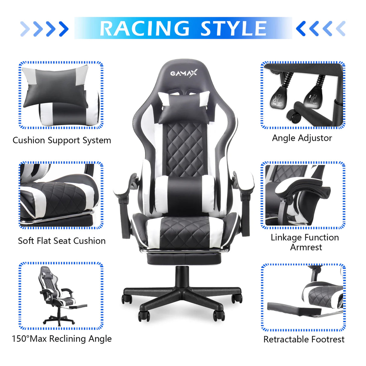 Gamax Gaming Chair with Linkage Function Armrest & Retactable Footrest - White