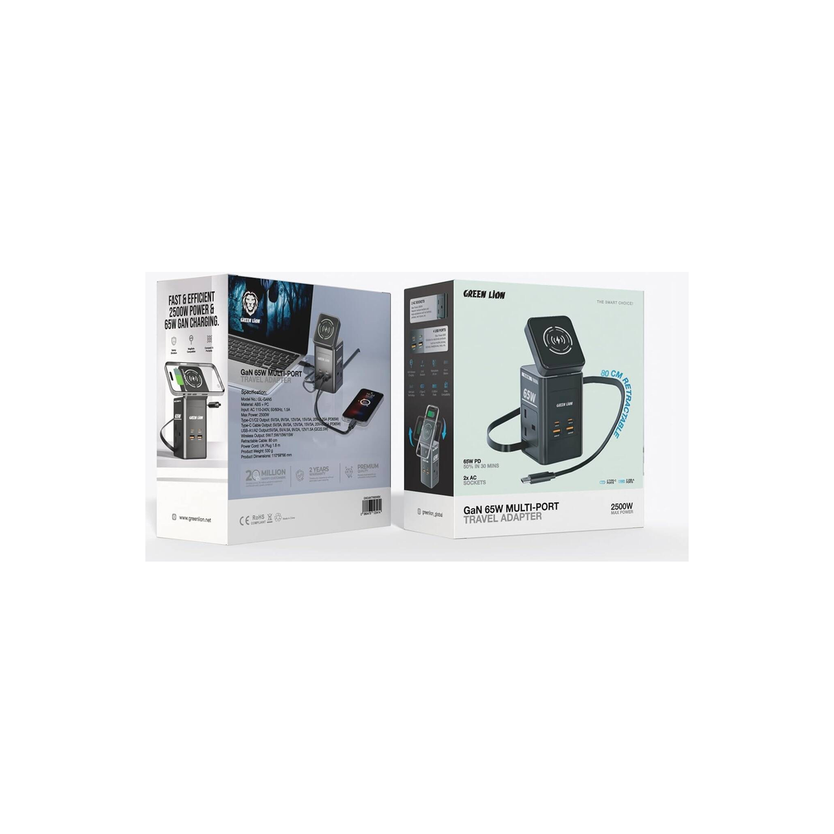 Green Lion 8-in-1 Power Station PD 65W GaN Travel Adapter - Black