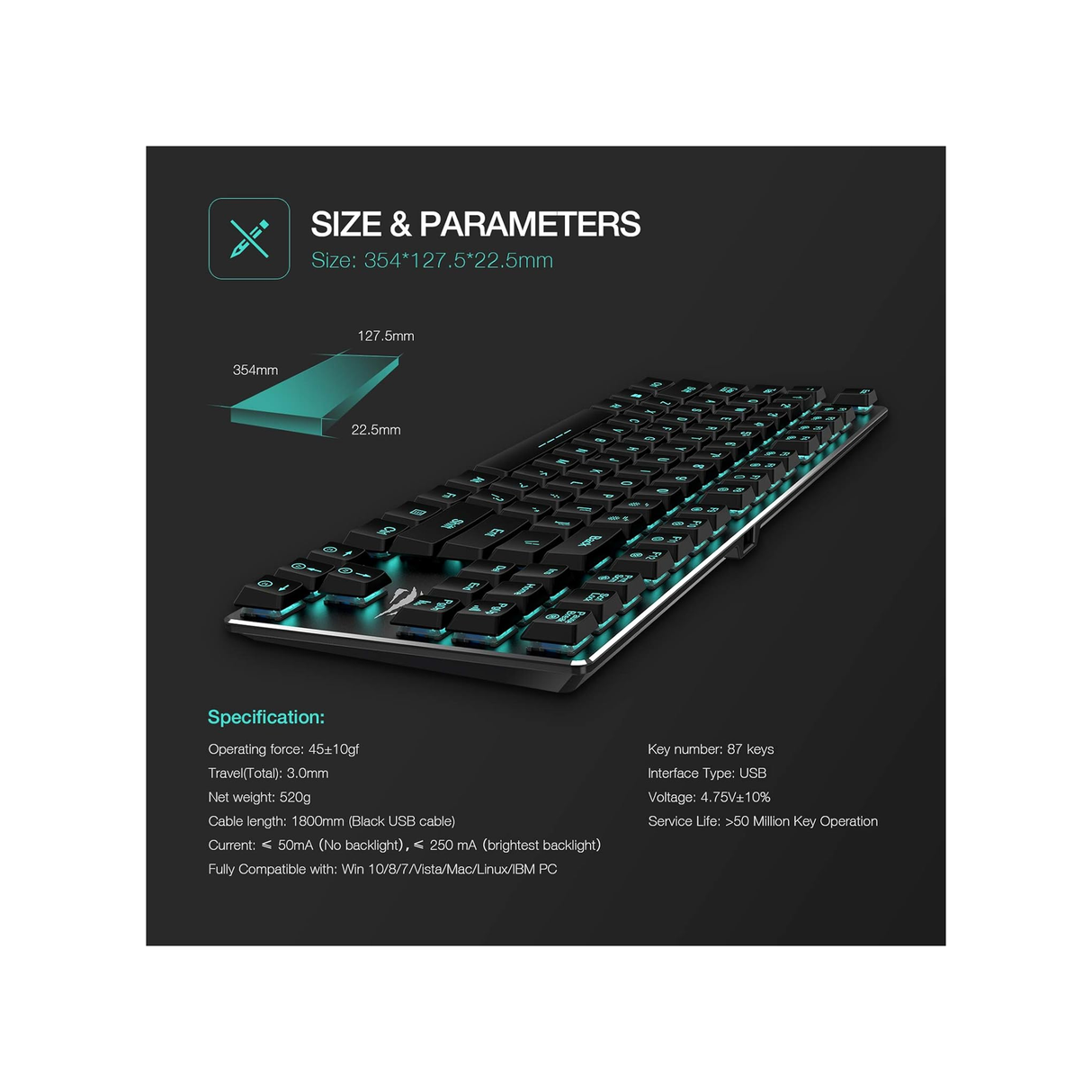 Havit Mechanical Keyboard Backlit Wired Gaming Keyboard Extra-Thin & Light, Kailh Latest Low Profile Blue Switches, 87 Keys N-Key Rollover - Black - ASIS