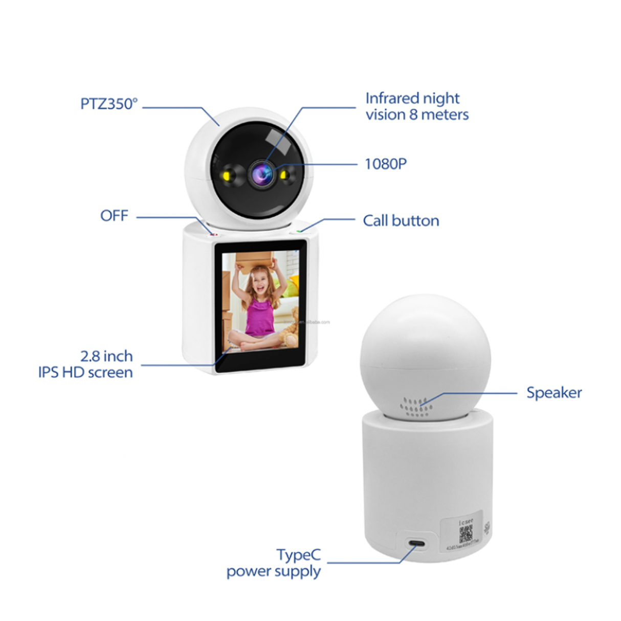 HD Smart Video Calling Camera With 1080P Resolution Intelligent Night Vision & Dual Storage - 2.8” IPS Screen