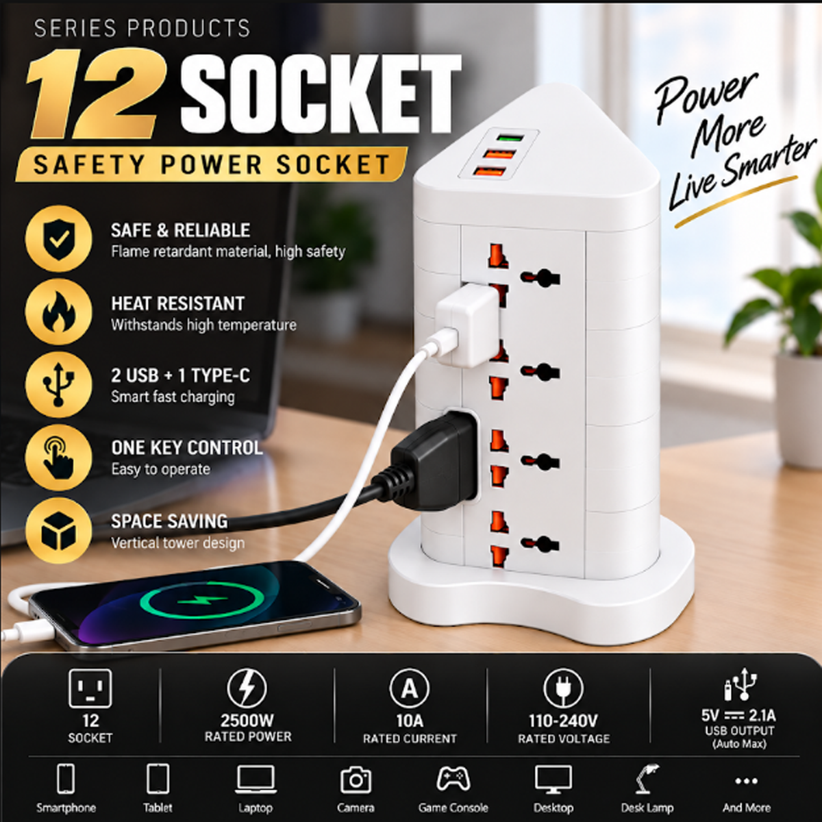 Heavy-Duty 12 Universal Socket Vertical Power Tower & Multi-Device Charging Station – 2500W - White