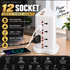 Heavy-Duty 12 Universal Socket Vertical Power Tower & Multi-Device Charging Station – 2500W - White