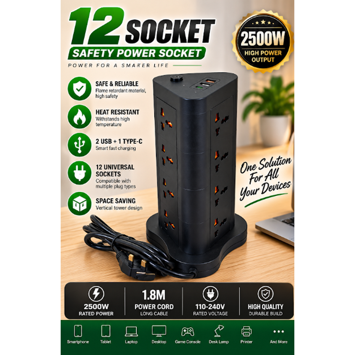 Heavy-Duty 12 Universal Socket Vertical Power Tower & Multi-Device Charging Station – 2500W - Black
