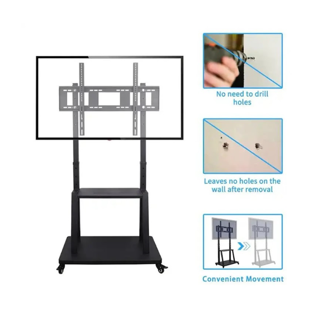 Heavy Duty Mobile Adjustable TV Stand with Wheels Rotatable for 30 to 75 Inch TVs with Media Shelf and AV Rack Universal Floor Mount Display Stand