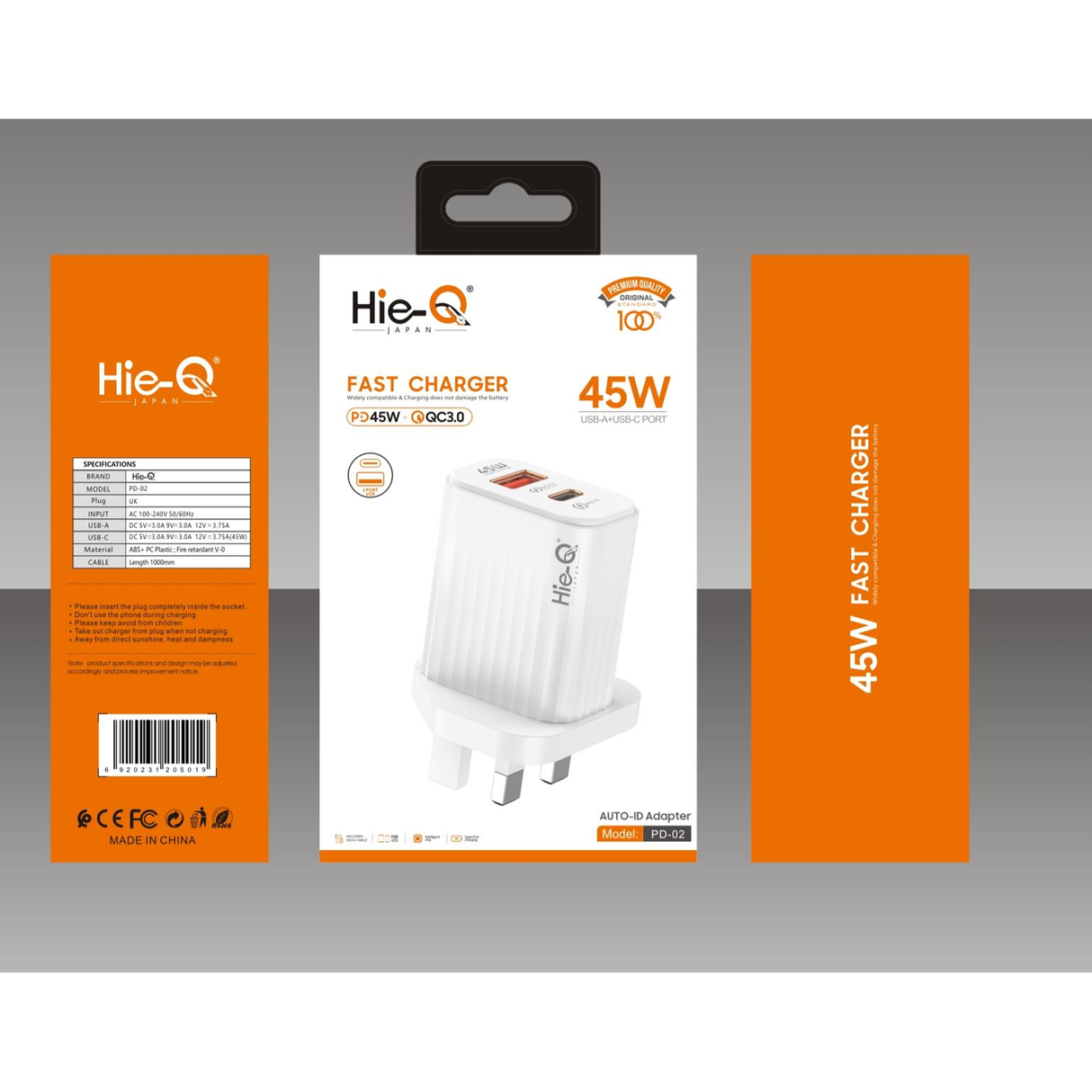 هاي-كيو شاحن فائق السرعة بقدرة 45 واط، مزود بتقنيتي QC3.0 وPD 3.0، ومتوافق مع جميع الأجهزة