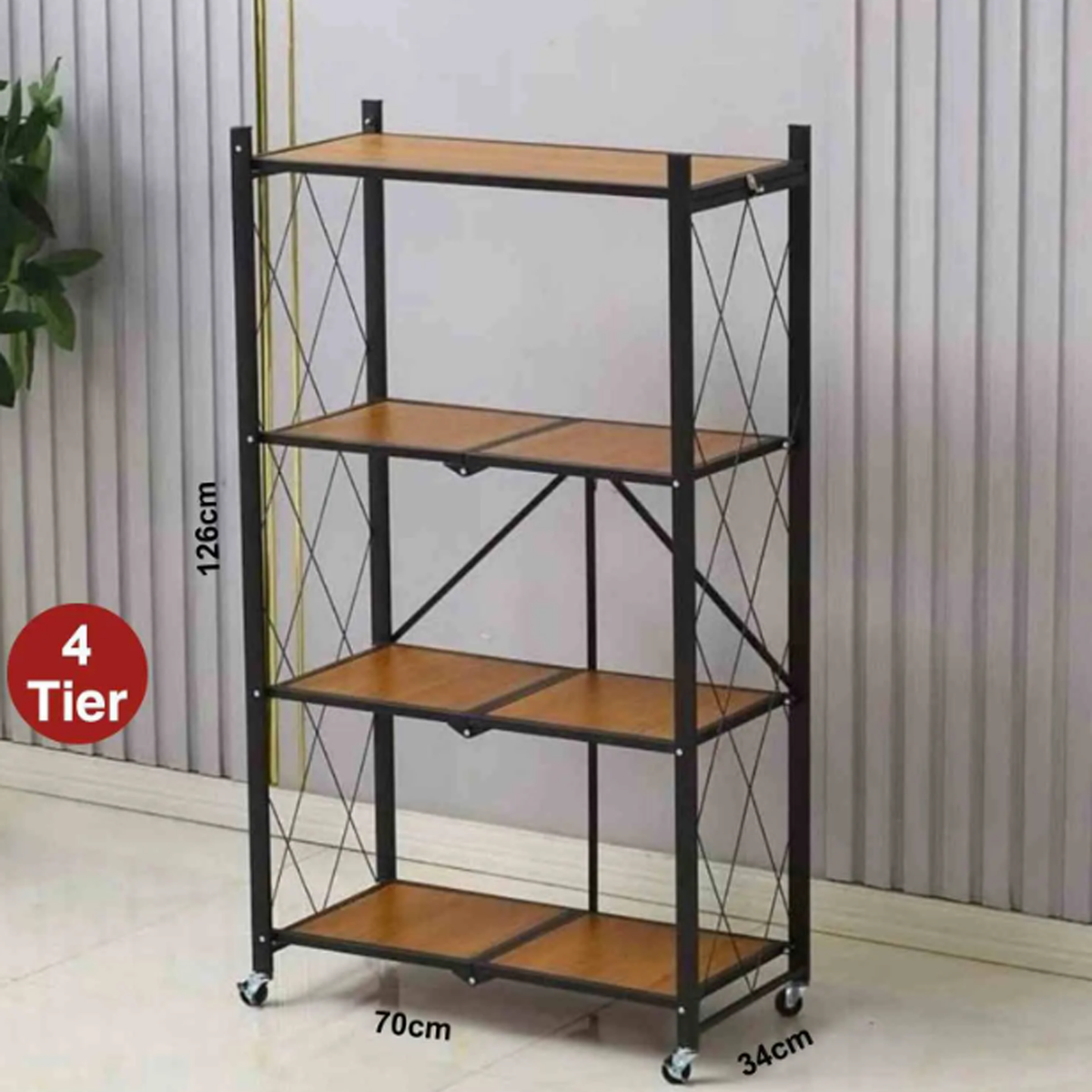 4-Tier Multipurpose Foldable Wood Color Kitchen Storage Rack with Wheels