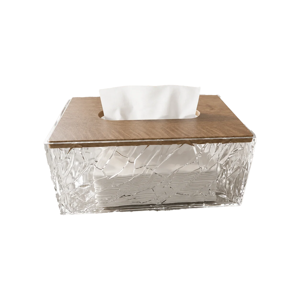 Luxury Acrylic Tissue Box Holder with Wooden Top & Crackle Design-K2852