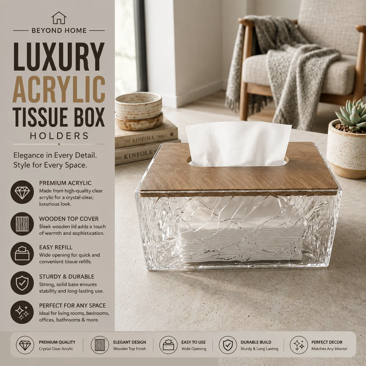 Luxury Acrylic Tissue Box Holder with Wooden Top & Crackle Design-K2852