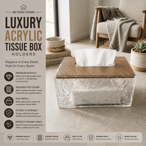 Luxury Acrylic Tissue Box Holder with Wooden Top & Crackle Design-K2852