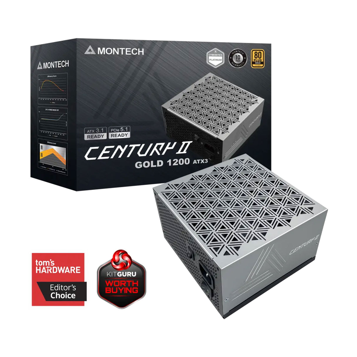 Montech Century II 1200W 80 Plus Gold PCIe 5.1 ATX 3.1 Fully Modular Gaming Power Supply - Silver