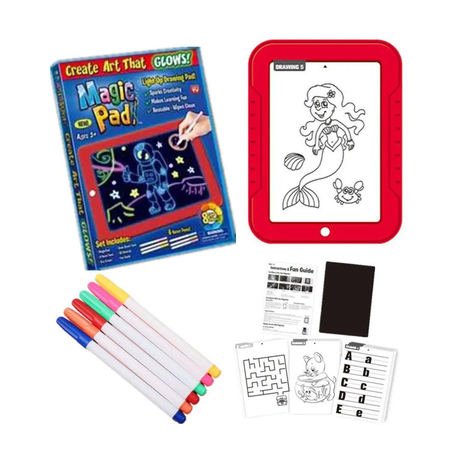 Magic Pad Light-Up Drawing Board for Kids With 8 Color Effects - 6 Neon Pens - 30 Stencils & Reusable Wipe Clean Screen – Educational Glow Pad for Creative Art & Learning