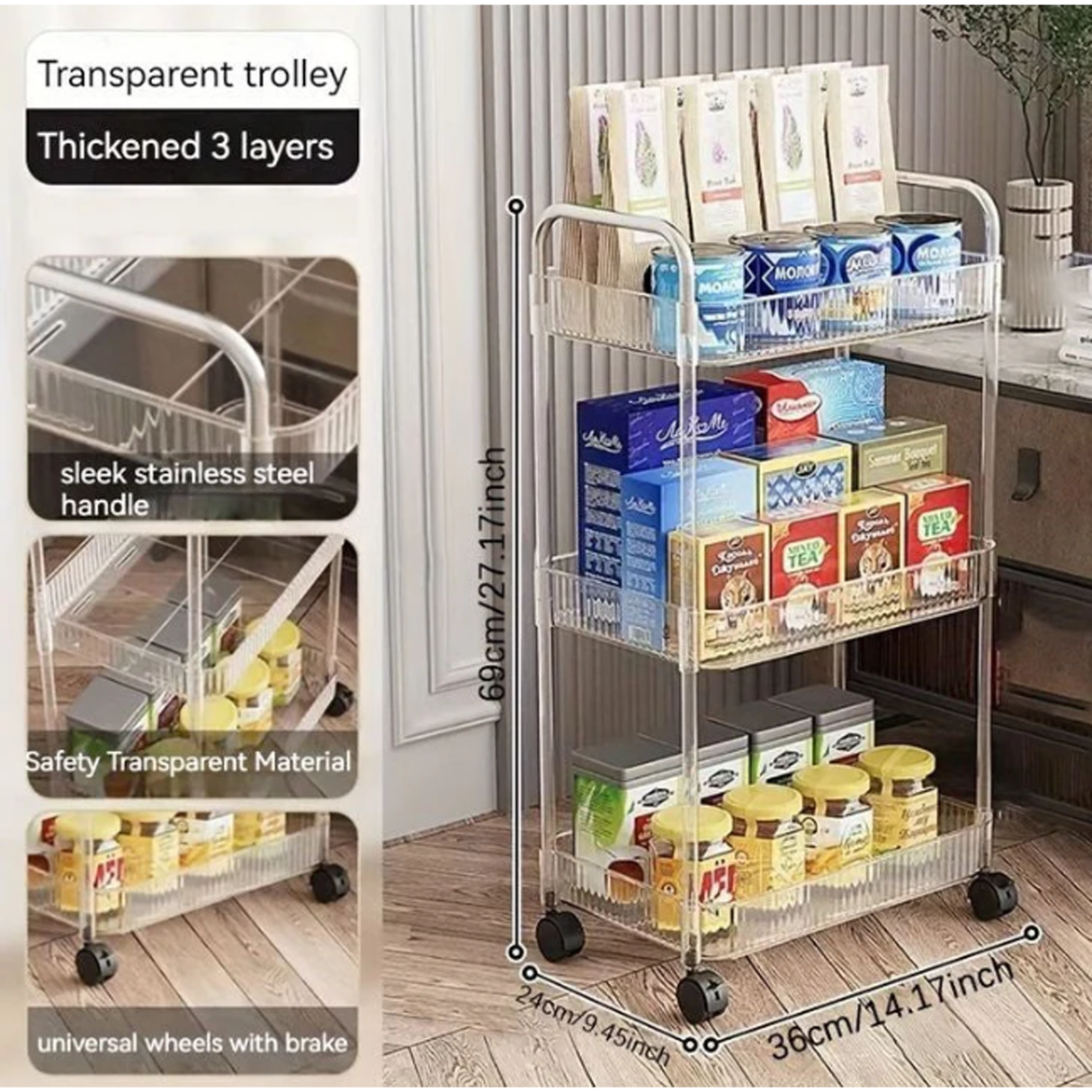 3 Tire Clear Acrylic Smart Trolley