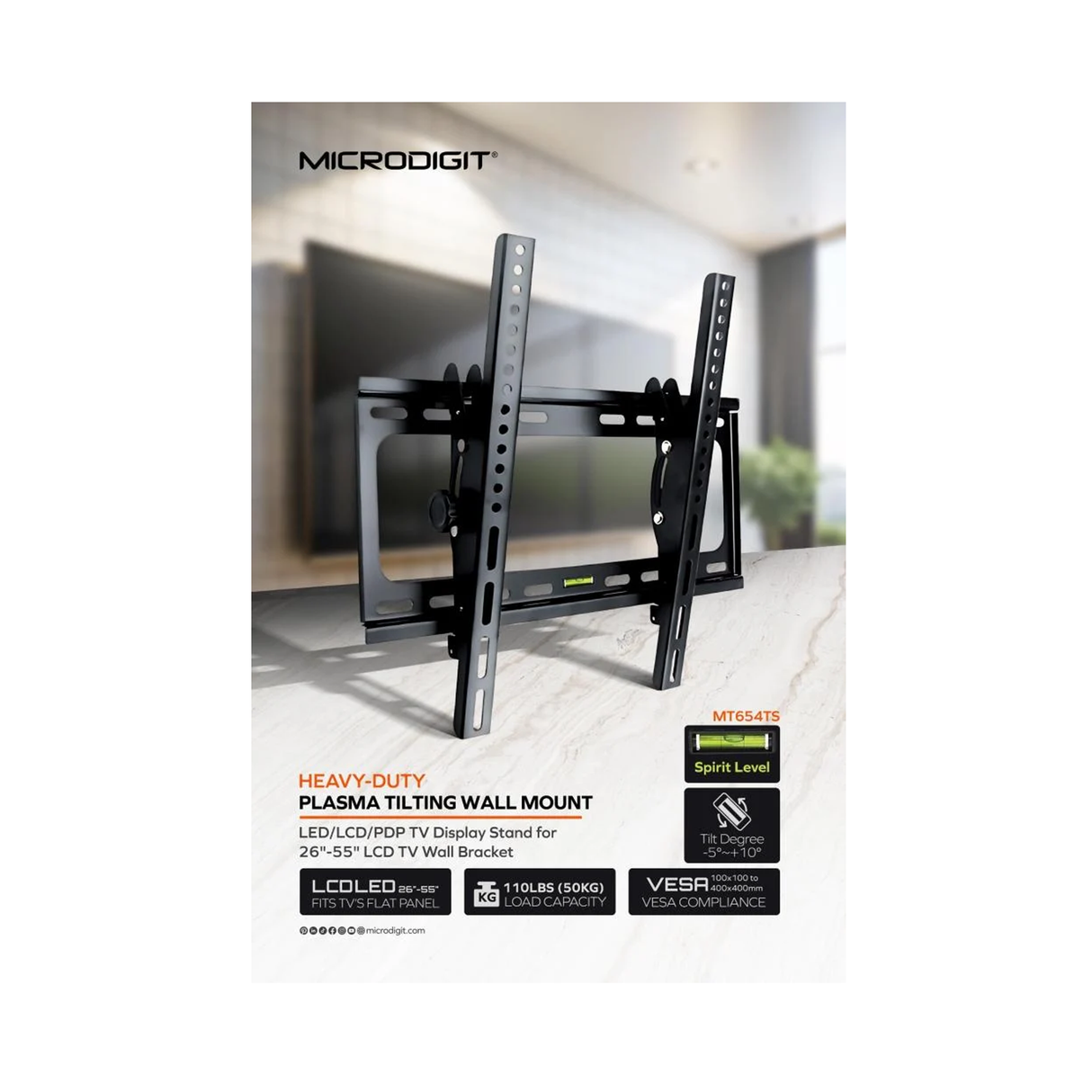 مايكروديجيت MT654TS حامل تلفزيون متحرك مقاس 26-55 بوصة - أسود