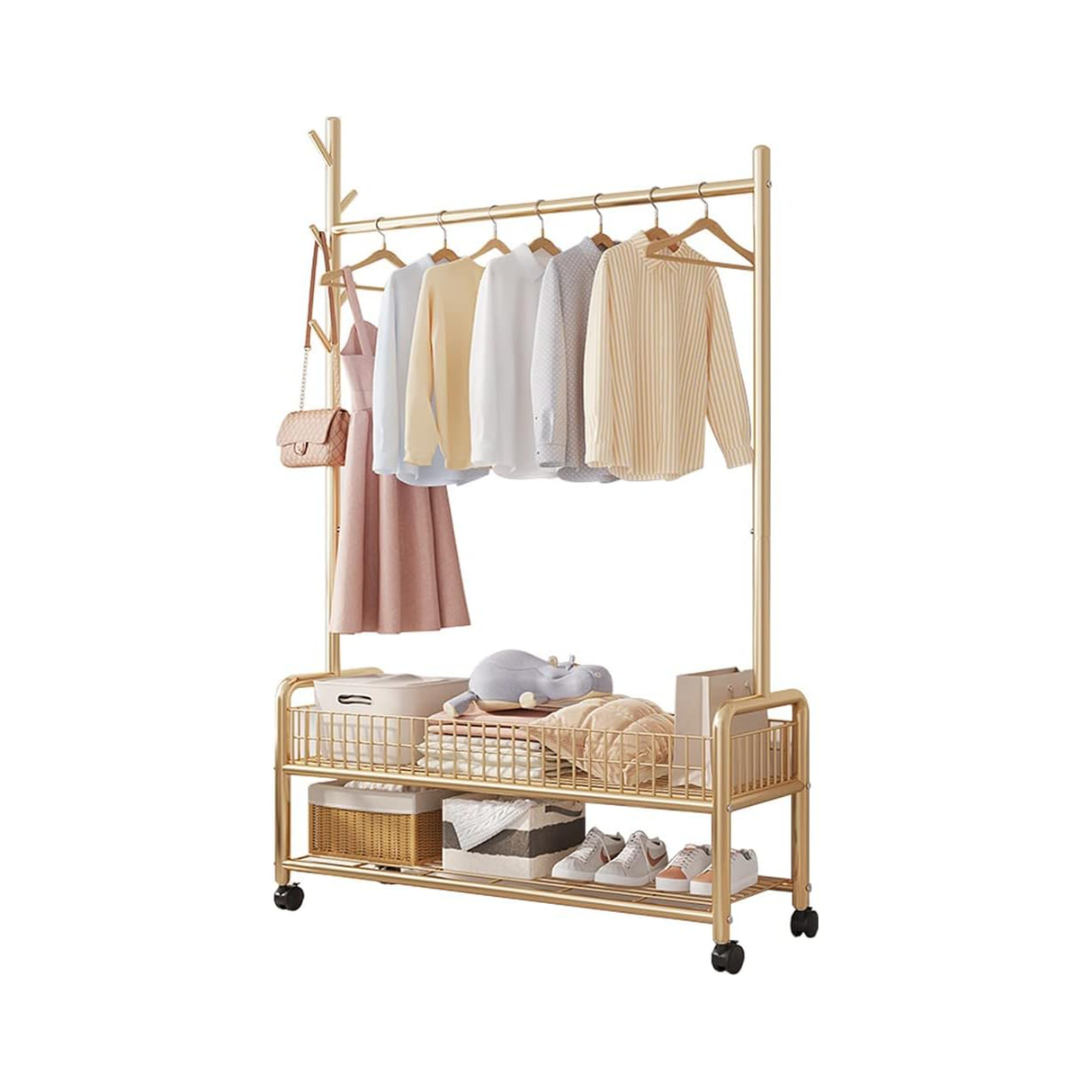 حامل ملابس عصري ومنظم علاقات مع تخزين متعدد الاستخدامات وخطّافات