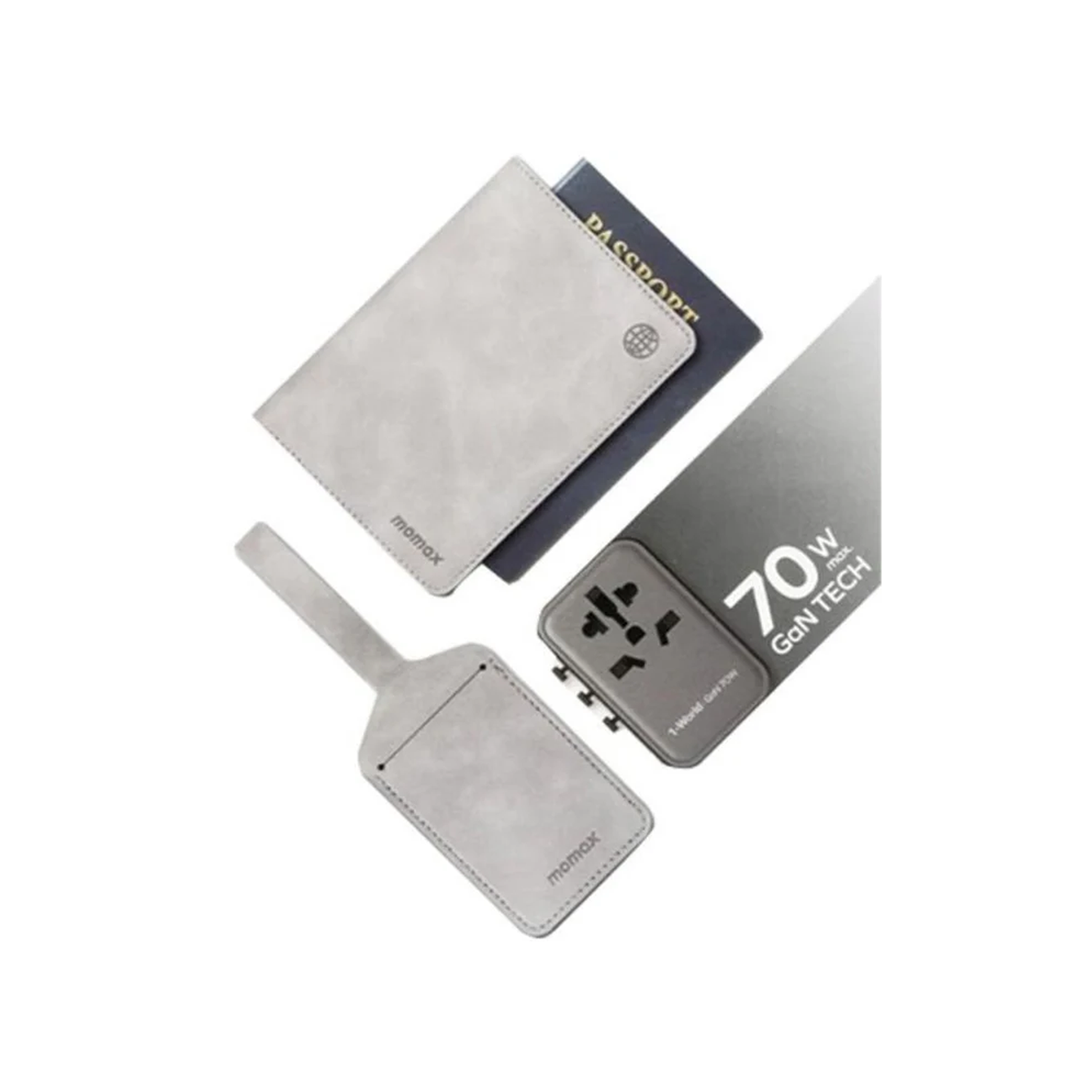 Momax Bundle Set (Ua8A+Sr32A+Sr33A) Travel Adapter 70 Watts Gan 5 Ports + Ac + Passport Cover + Name Tag - Black