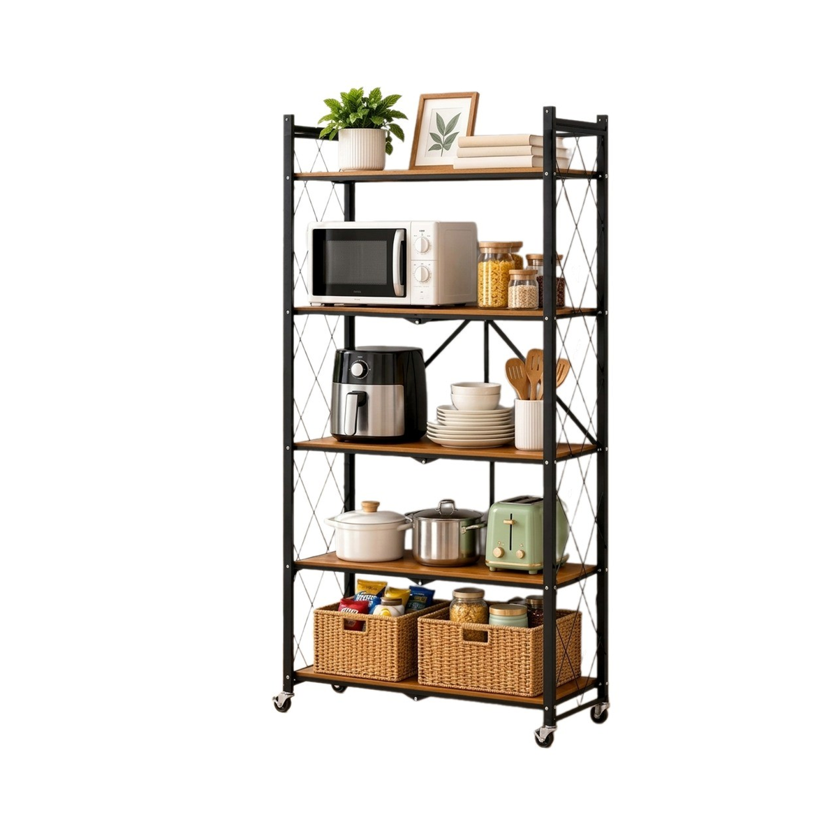 5-Tier Multipurpose Foldable Wood Color Kitchen Storage Rack with Wheels