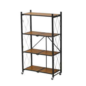 4-Tier Multipurpose Foldable Wood Color Kitchen Storage Rack with Wheels