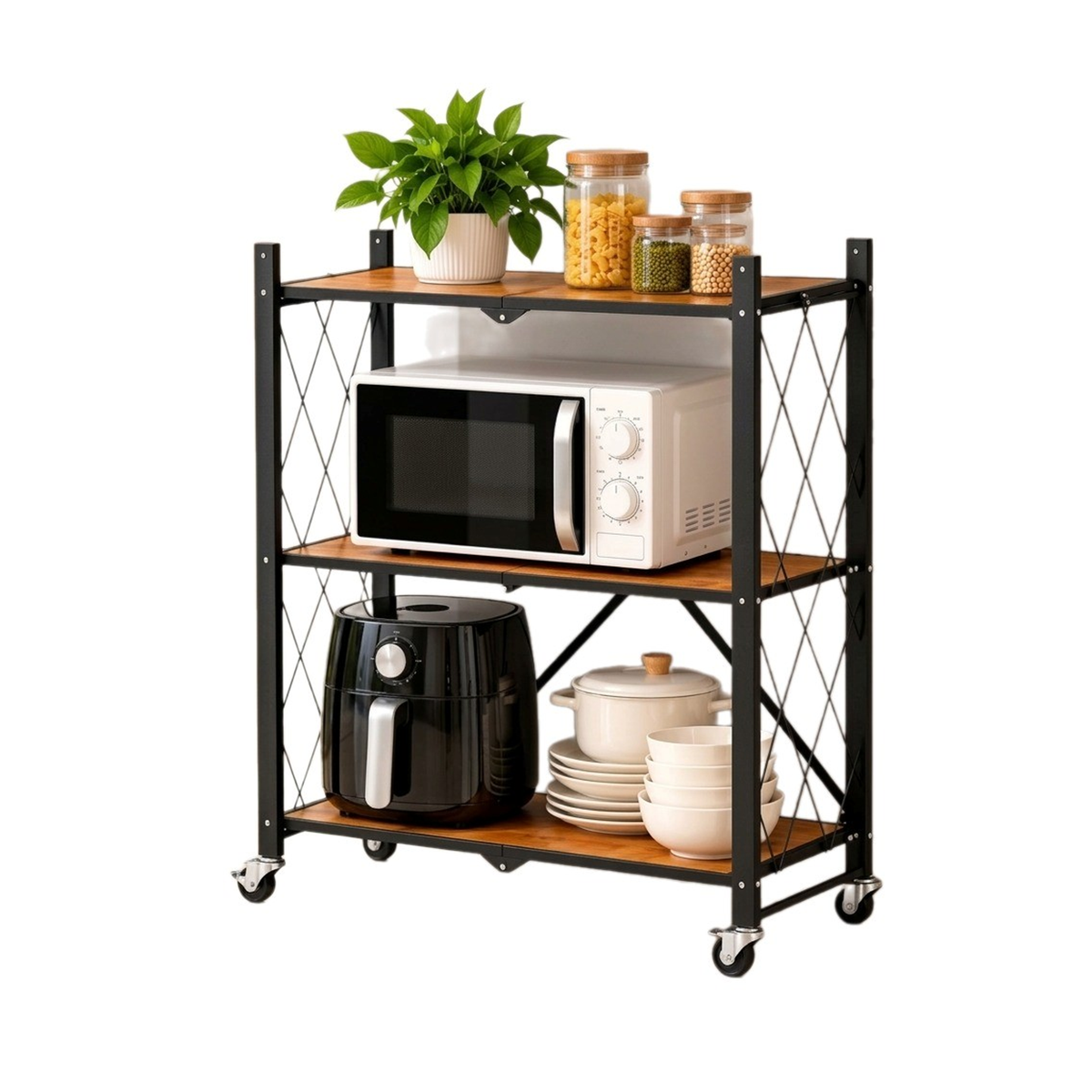 3-Tier Multipurpose Foldable Wood Color Kitchen Storage Rack with Wheels