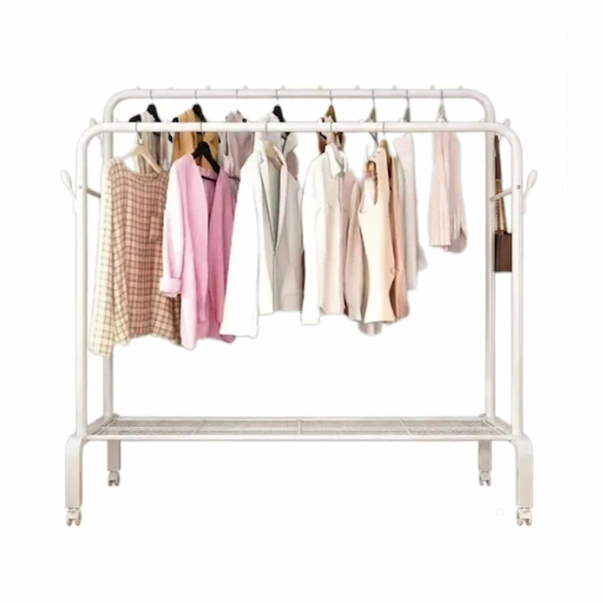 Multi-Purpose Clothes Hanger Rack With Wheels And Two-Layer Storage Stand- White