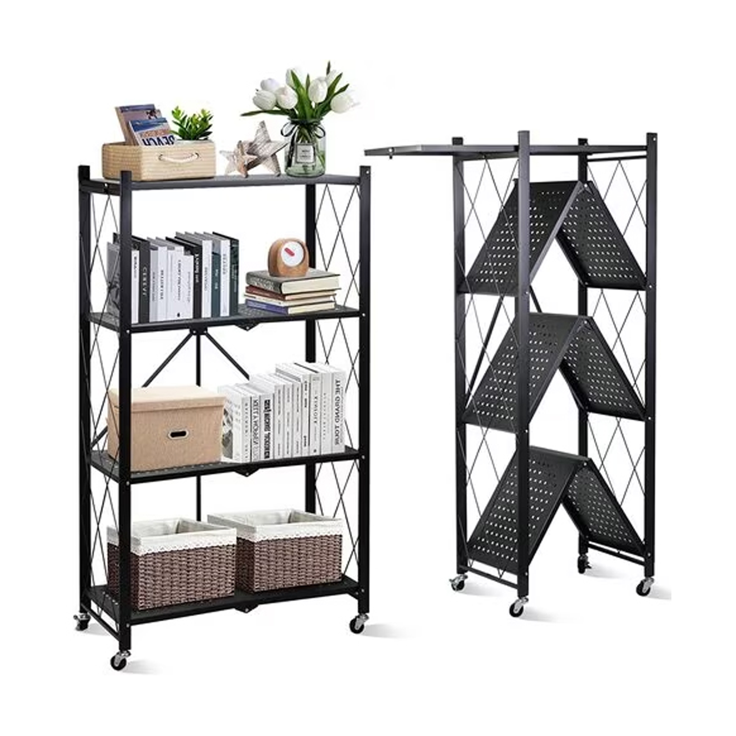 Multi Layer Foldable Metal Storage Rack Organizer With Wheels - Black ...