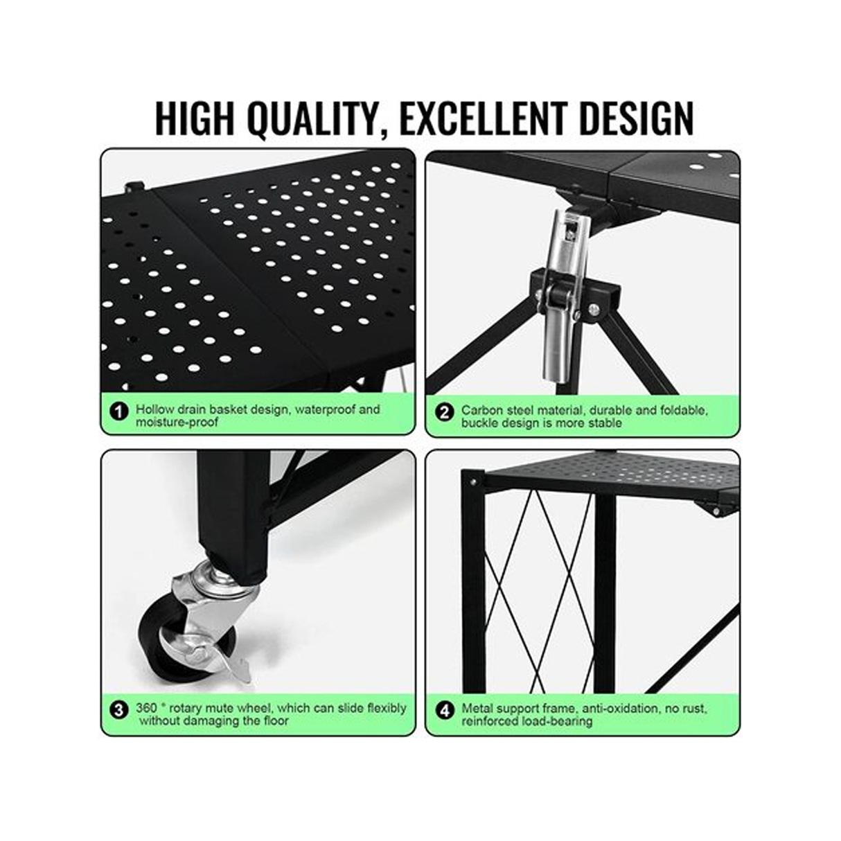 منظم رفوف معدني متعدد الطبقات قابل للطي مع عجلات - أسود