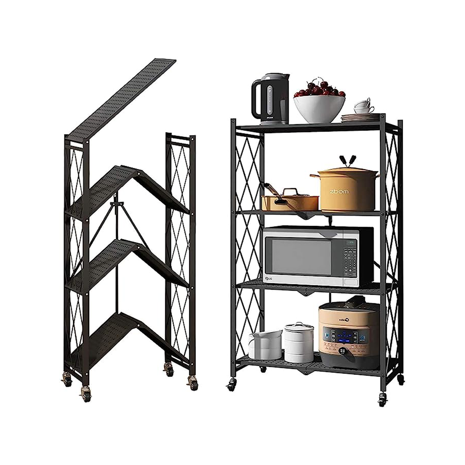 Multi Layer Foldable Metal Storage Rack Organizer With Wheels - Black ...