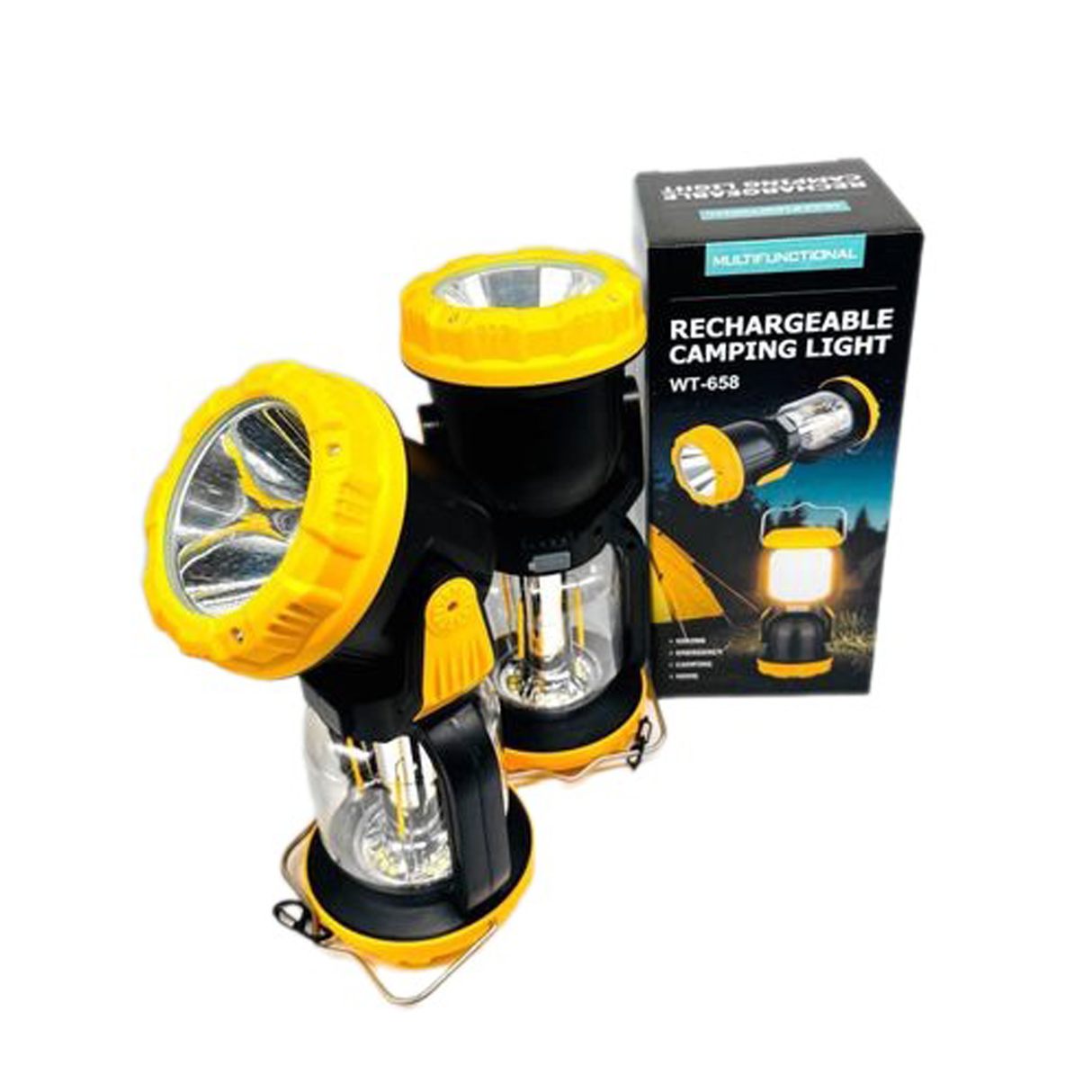 مصباح تخييم متعدد الوظائف قابل لإعادة الشحن - 3 في 1 (مصباح يدوي ليد ، مصباح فانوس ، ضوء طوارئ) - أسود و أصفر