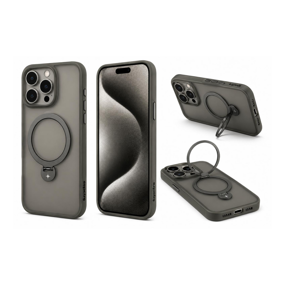 Spectre Stealth Case For iPhone 15 Pro With Kick Stand - Titanium Gray