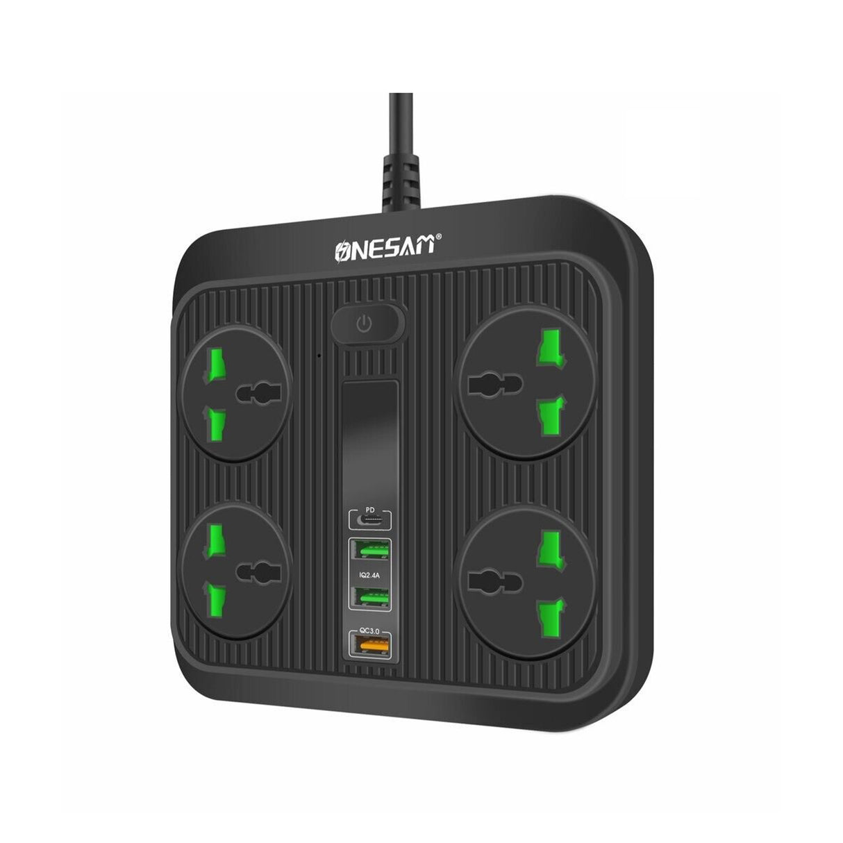 اونيسام OS-T90 شاحن مقبس الباور مزود بمخرج PD واحد + 3 مخارج يو اس بي و4 مقابس عالمية - قابس بريطاني - أسود
