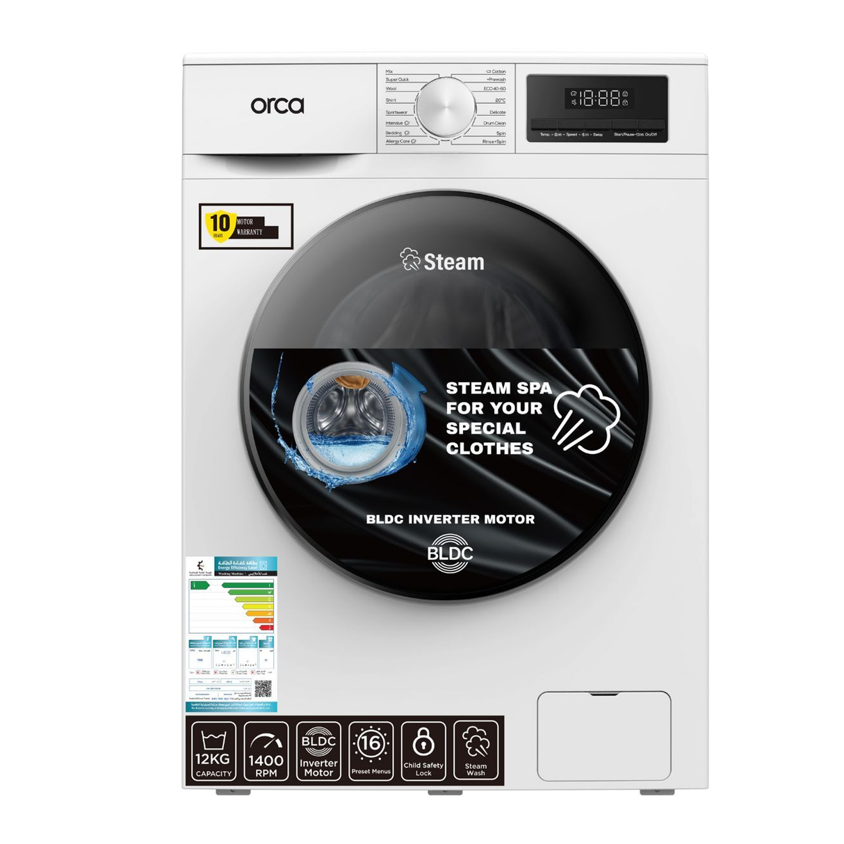 Orca Front Load Washing Machine 12KG 1400RPM BLDC - White
