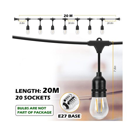 سلك إنارة خارجي لتعليق اللمبات يحتوي على 20 قاعدة لمبة - بطول 20 متر (المبات غير مشمولة)