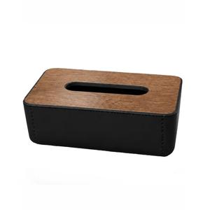 Plastic Tissue Box Holder with Wood and Leather Finish - Black