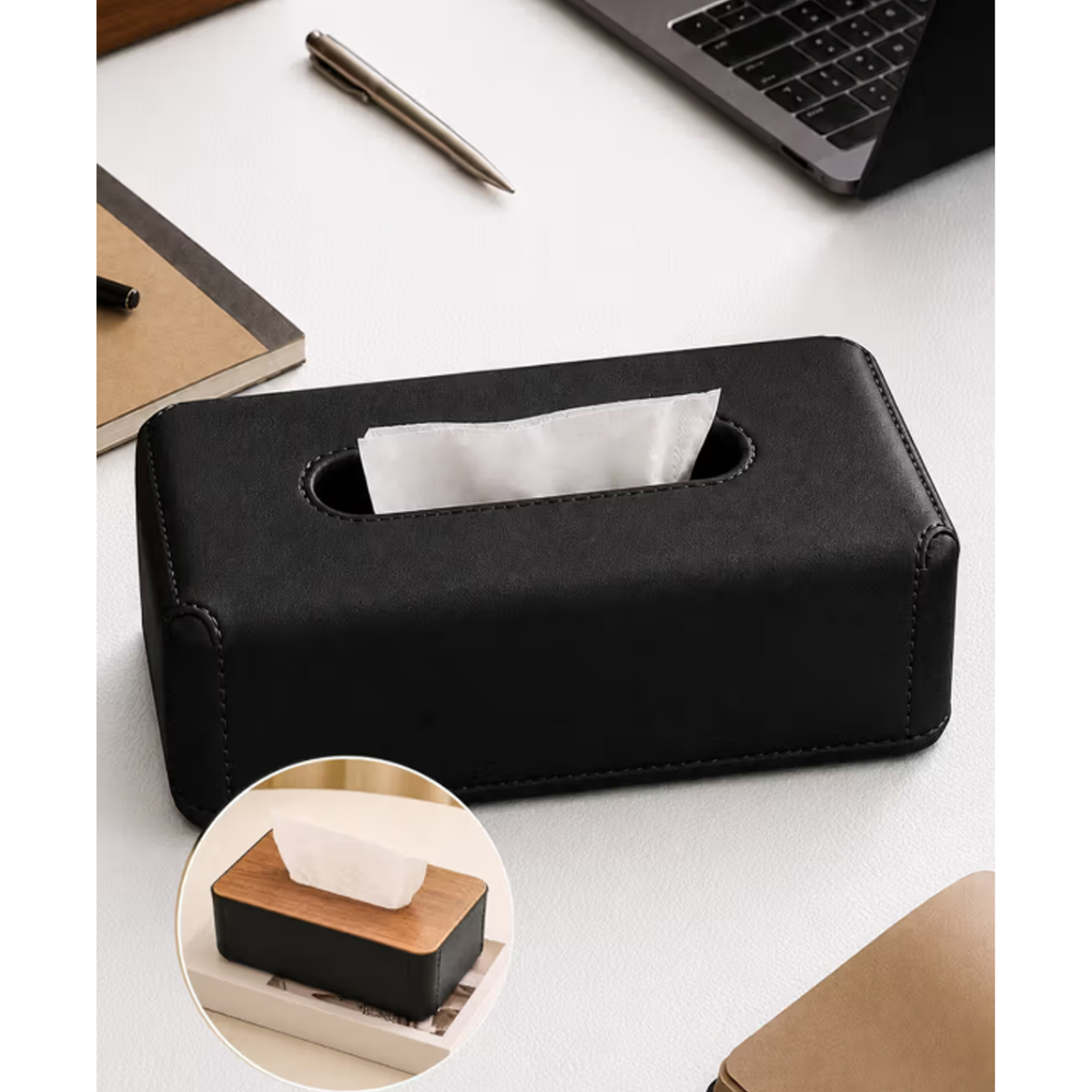 Plastic Tissue Box Holder with Wood and Leather Finish - Black