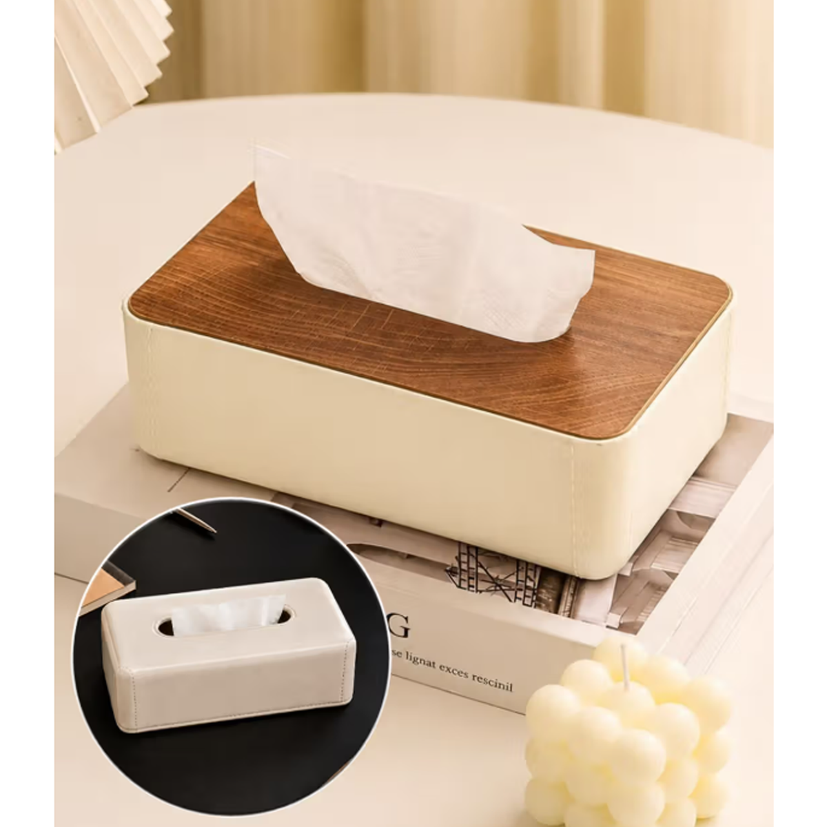 Plastic Tissue Box Holder with Wood and Leather Finish - White