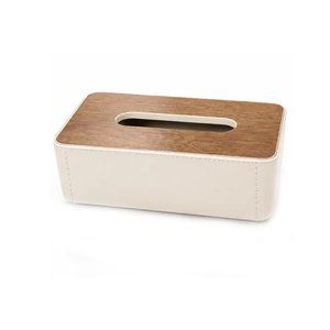 Plastic Tissue Box Holder with Wood and Leather Finish - White