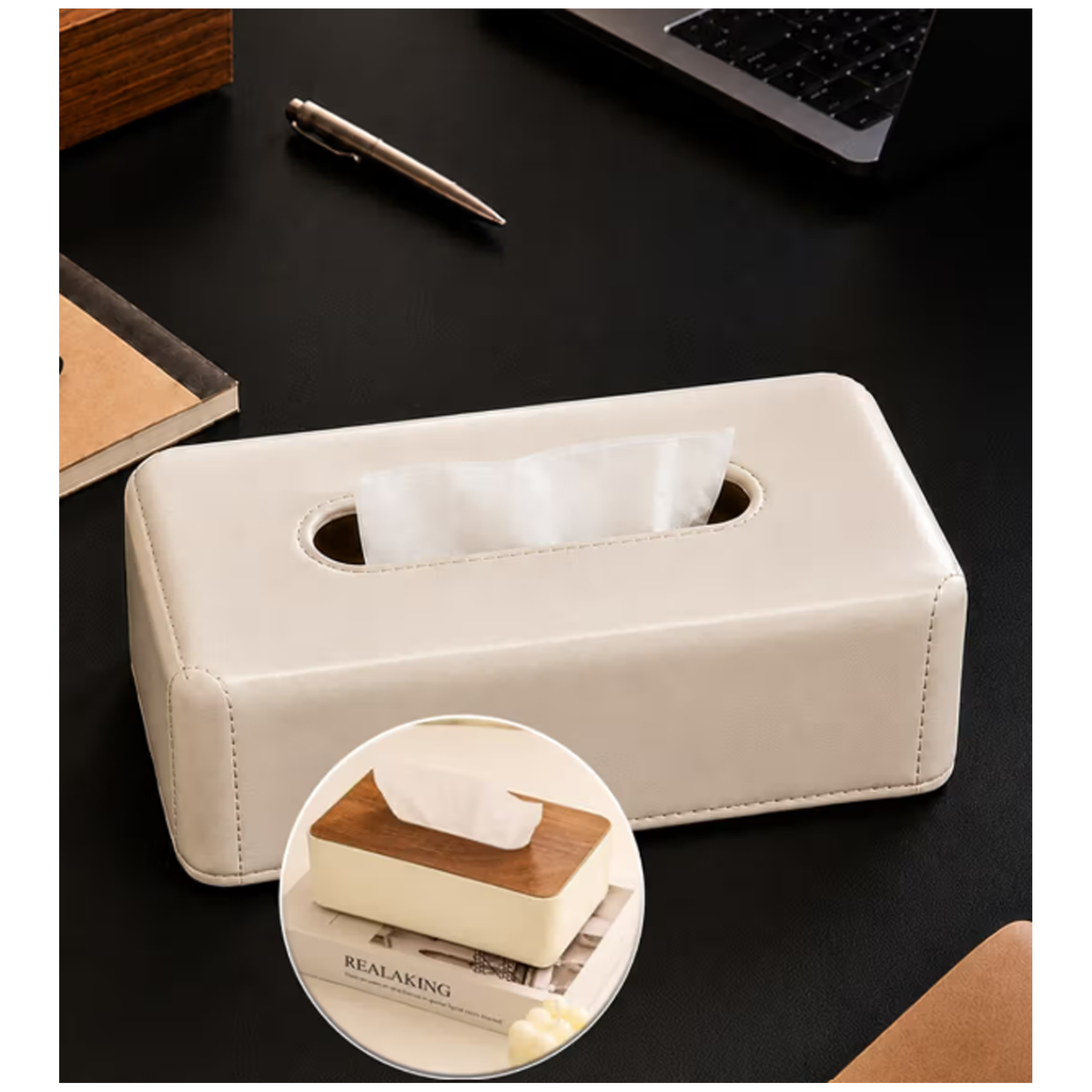 Plastic Tissue Box Holder with Wood and Leather Finish - White