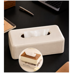 Plastic Tissue Box Holder with Wood and Leather Finish - White