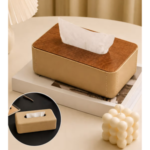 Plastic Tissue Box Holder with Wood and Leather Finish - Beige