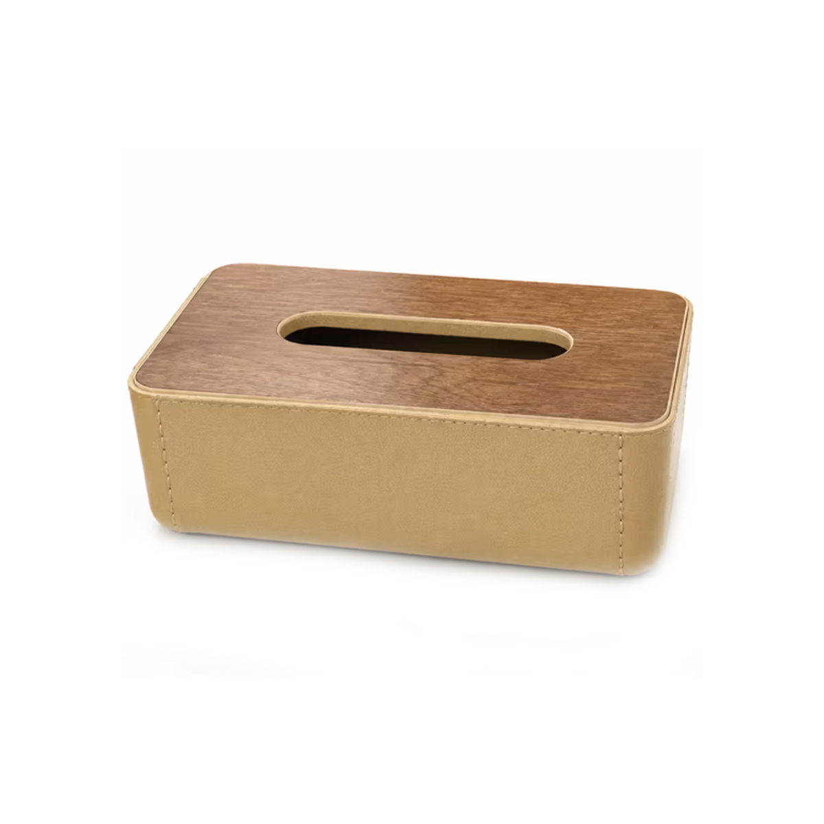 Plastic Tissue Box Holder with Wood and Leather Finish - Beige