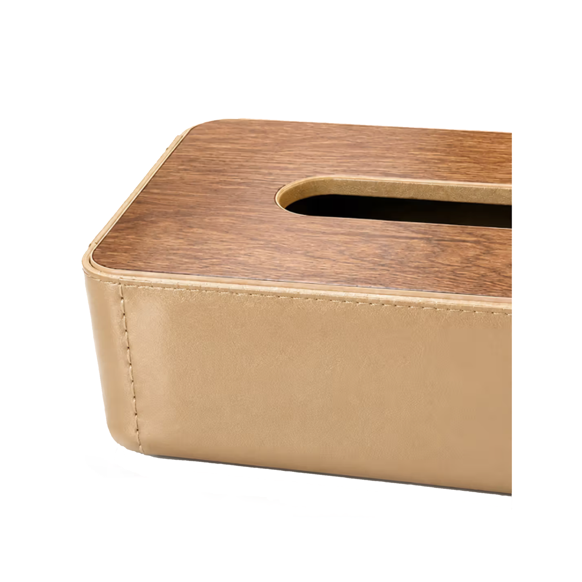 Plastic Tissue Box Holder with Wood and Leather Finish - Beige