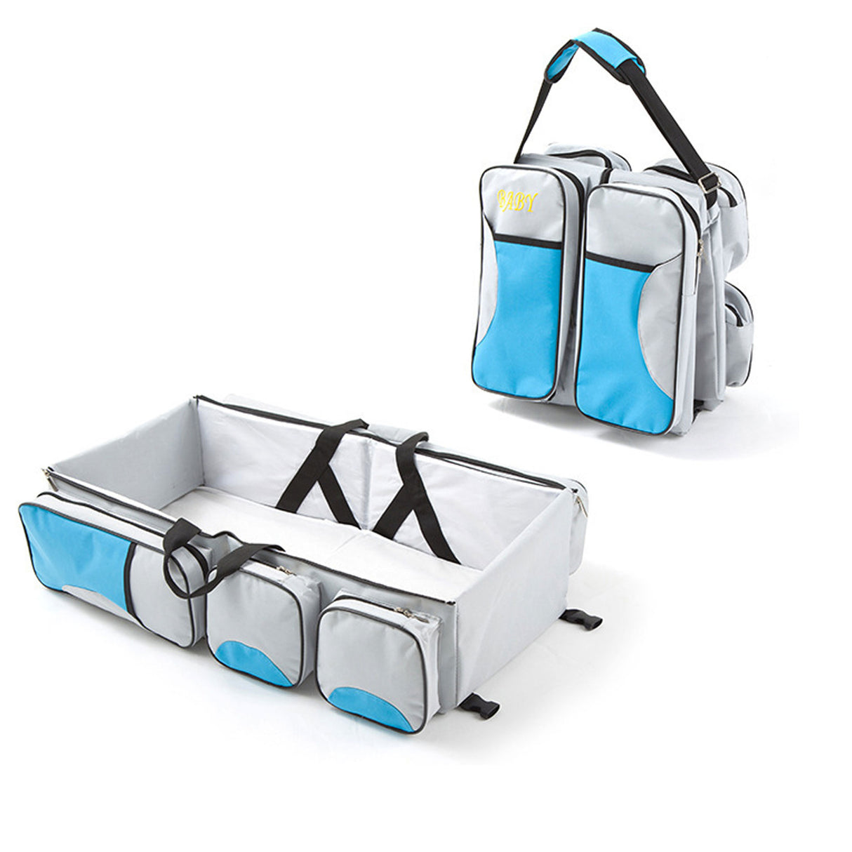 حقيبة مستلزمات الطفل المحمولة وسرير السفر - رمادي