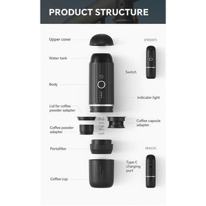 ماكينة قهوة لاسلكية محمولة وقابلة لإعادة الشحن 2 في 1 – بقدرة 19 بار
