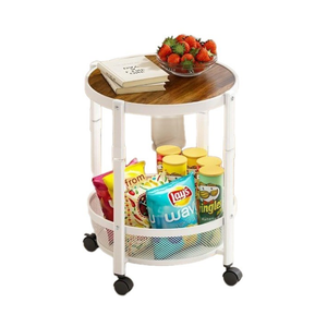 Premium Dual-Layer Rolling Side Table & Foldable Storage Trolley with Mesh Basket, Mobile Snack Organizer Cart with Swivel Wheels, Walnut Round Tabletop Metal Utility Stand for Living Room Bedroom Kitchen Office 52CM